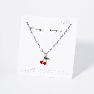 Chain Link Necklace Featuring Rhinestone Cherries Pendant (Silver Chain)